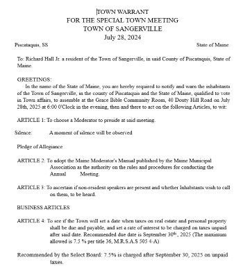 Special town meeting front page